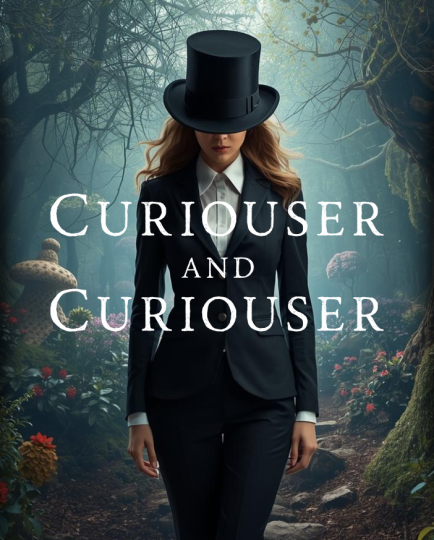 Business woman with a top hat standing in a magical forest