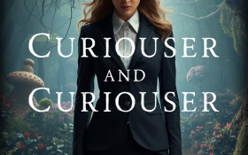 Business woman with a top hat standing in a magical forest